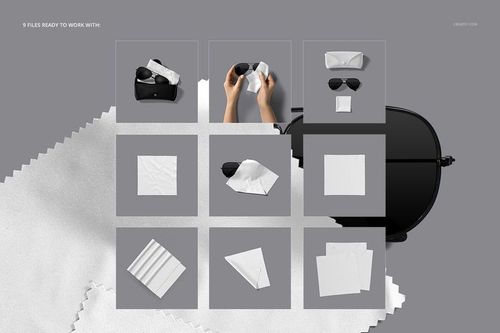 Microfiber glasses cleaning cloth mockup set featuring various white cloths and sunglasses on a gray background.