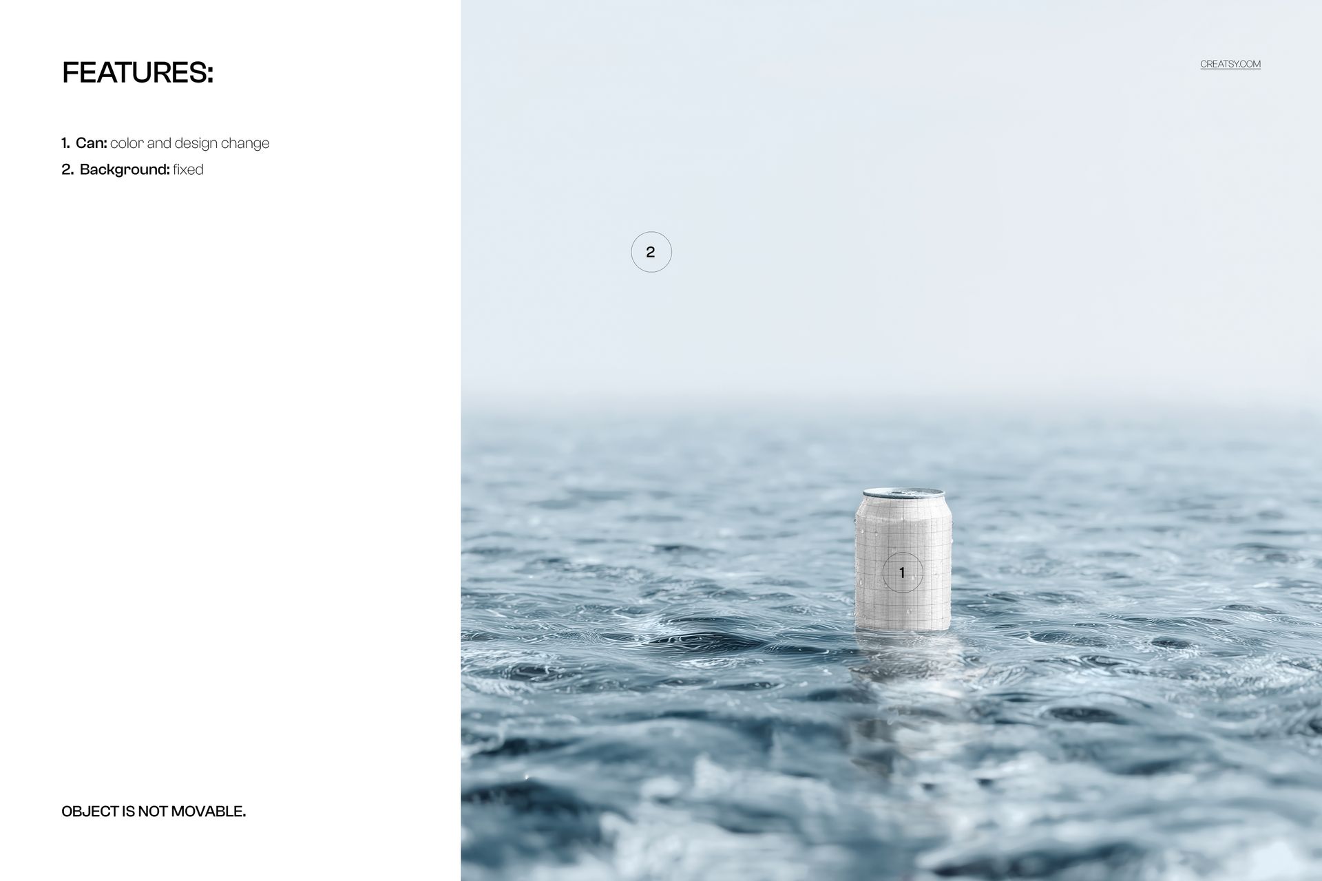 Minimalist beverage can mockup floating upright on a calm water surface, shown in a front view with soft lighting.