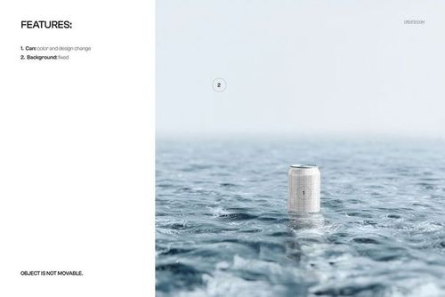 Minimalist beverage can mockup floating upright on a calm water surface, shown in a front view with soft lighting.