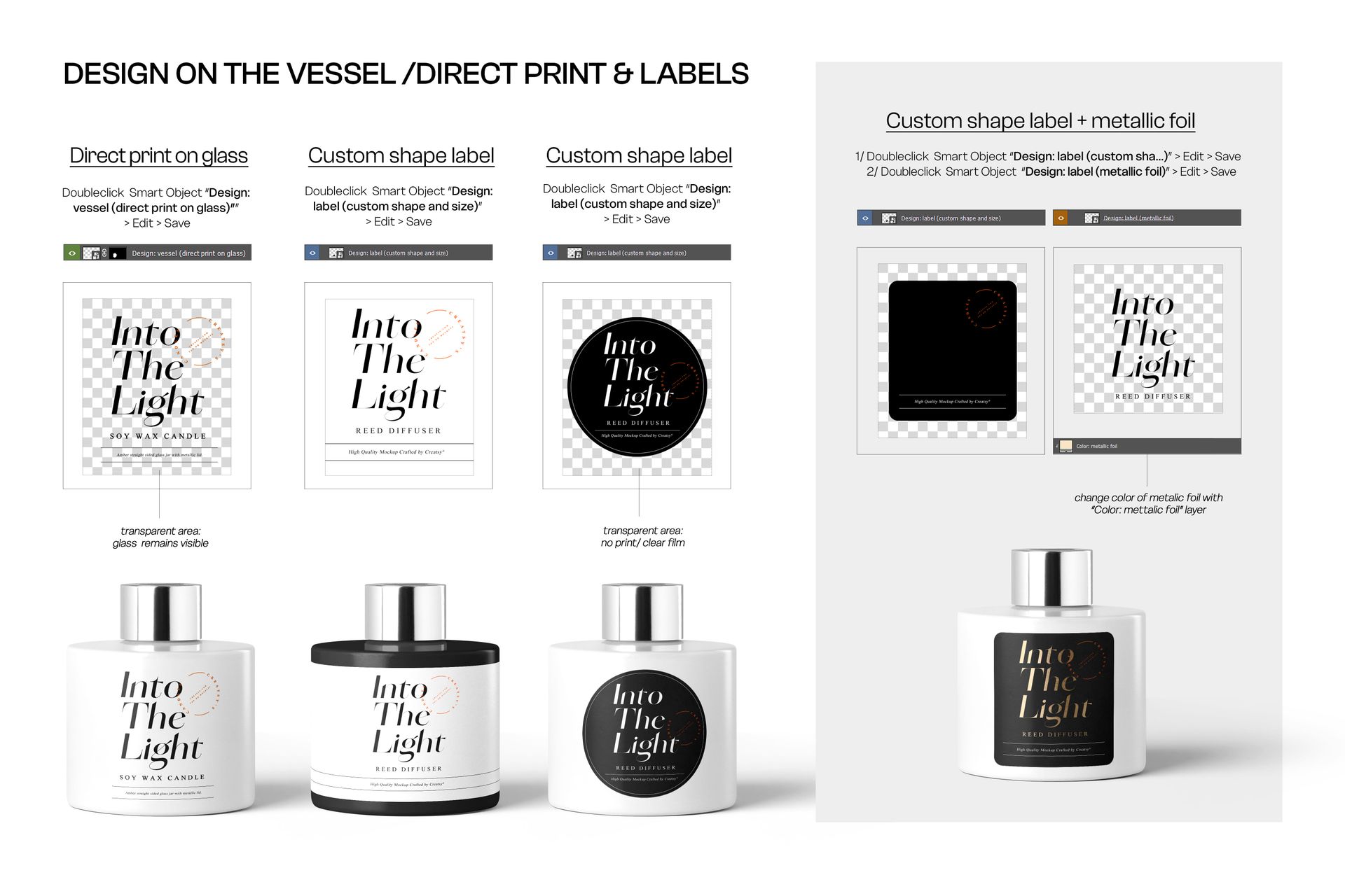 Front view of painted glass reed diffuser mockup set with three diffusers and customizable label designs.