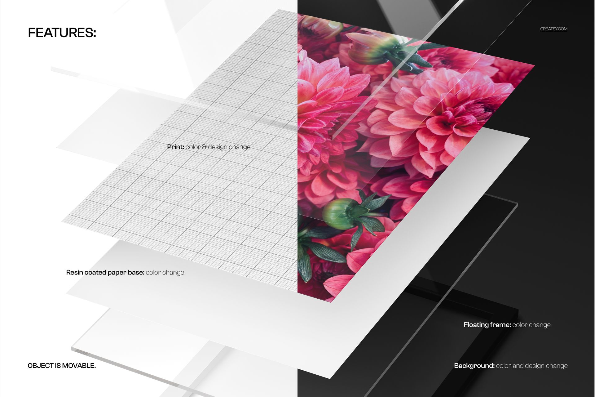 Front view of a glossy acrylic print mockup with floating layers, featuring pink flowers and geometric shapes.