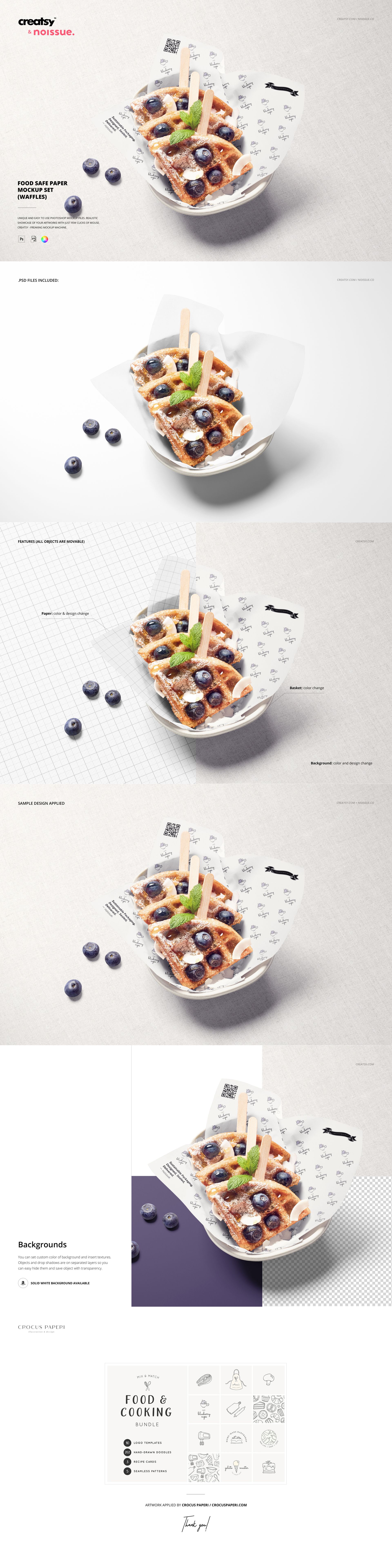 Front view of a food safe paper packaging mockup holding a waffle and blueberries, with editable design elements visible.