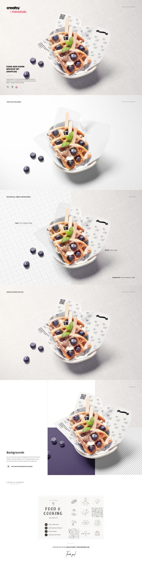 Front view of a food safe paper packaging mockup holding a waffle and blueberries, with editable design elements visible.