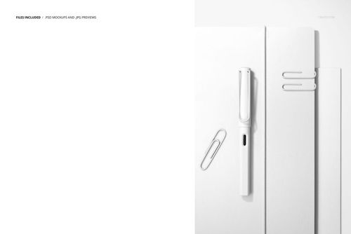 Stationery mockup featuring a white paper folder, pen, and metal paper clips in a minimalist top-down layout.