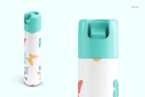Air freshener mockup with cylindrical shape, white body, and turquoise cap, decorated with colorful butterfly patterns.