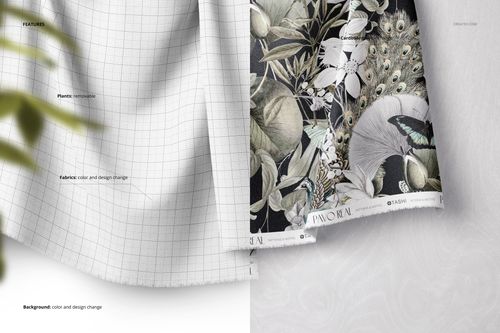 Hanging fabric mockup showing two textile panels, one with a grid pattern and one with a botanical and butterfly design.