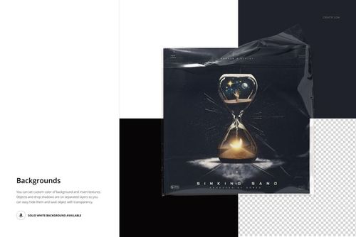Front view of a wrapped vinyl record cover mockup featuring a dark hourglass design, shown on a transparent background.
