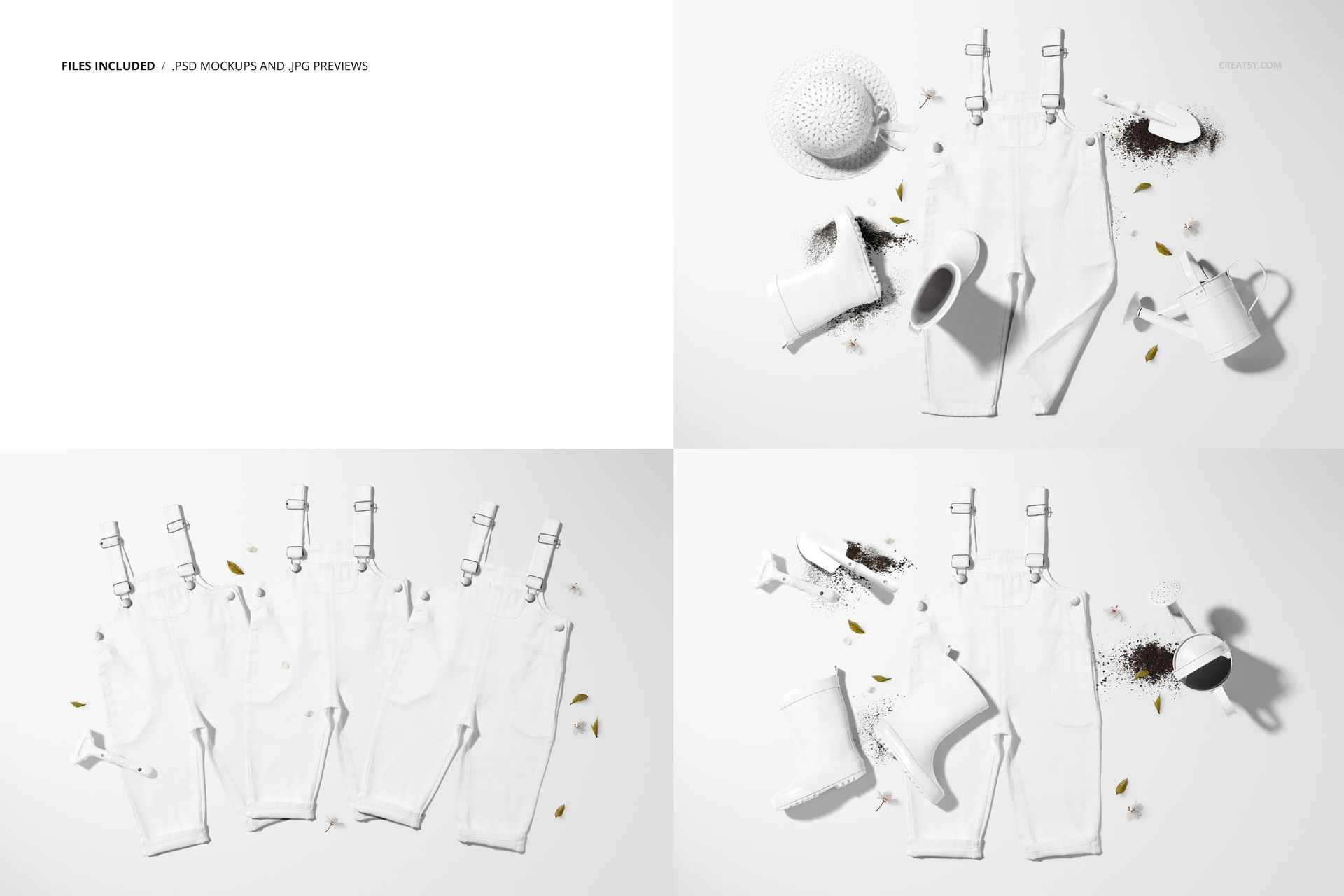 Front view of white kids dungarees mockup set with gardening props like boots, hat, watering can, and soil scattered around.