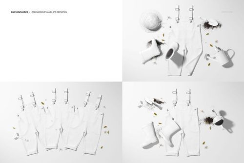 Front view of white kids dungarees mockup set with gardening props like boots, hat, watering can, and soil scattered around.