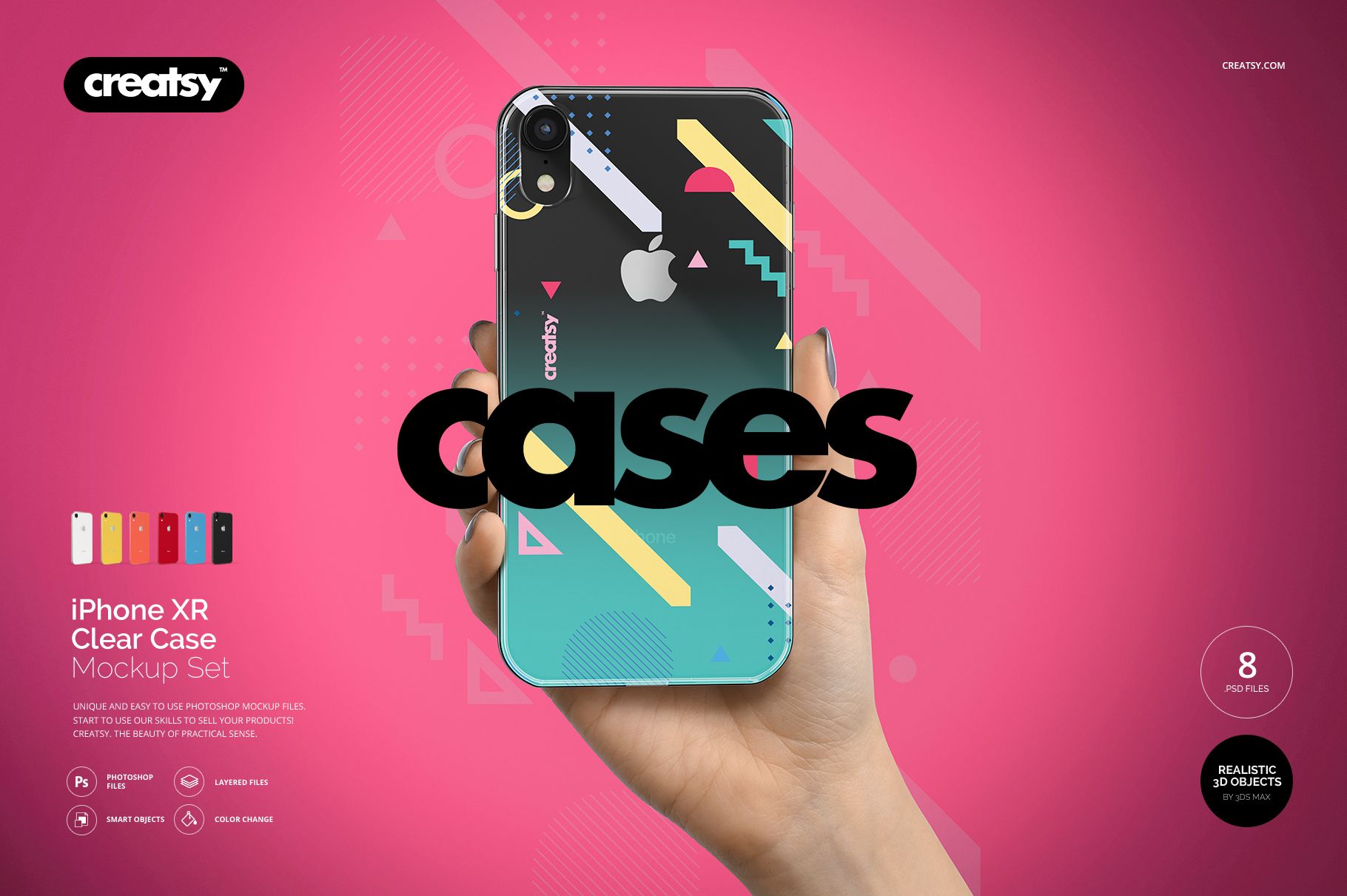 iPhone XR clear case mockup showing a vibrant geometric pattern, displayed against a bright pink backdrop.