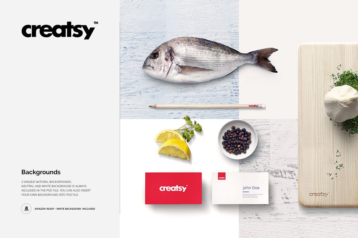 Seafood restaurant mockup with a whole fish, cutting board, mozzarella, lemon wedges, blueberries, and business cards on a white background.