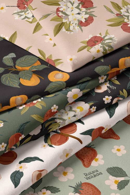 Vertical arrangement of patterned jersey fabrics with flowers and fruits, highlighting texture and color variety in a mockup.