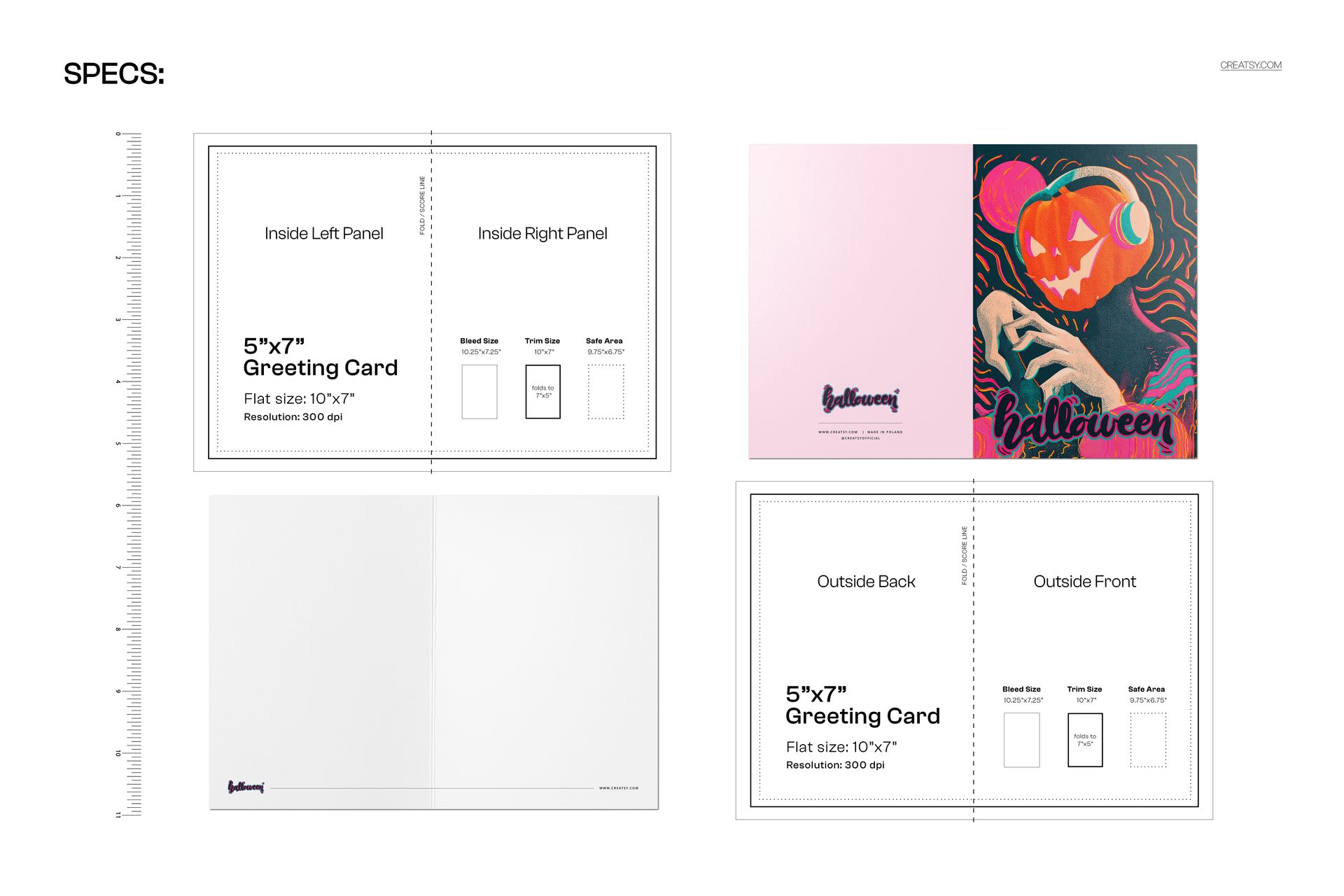 Front and back view of a 5x7 greeting card mockup featuring a vintage Halloween pumpkin DJ illustration and pastel colors.