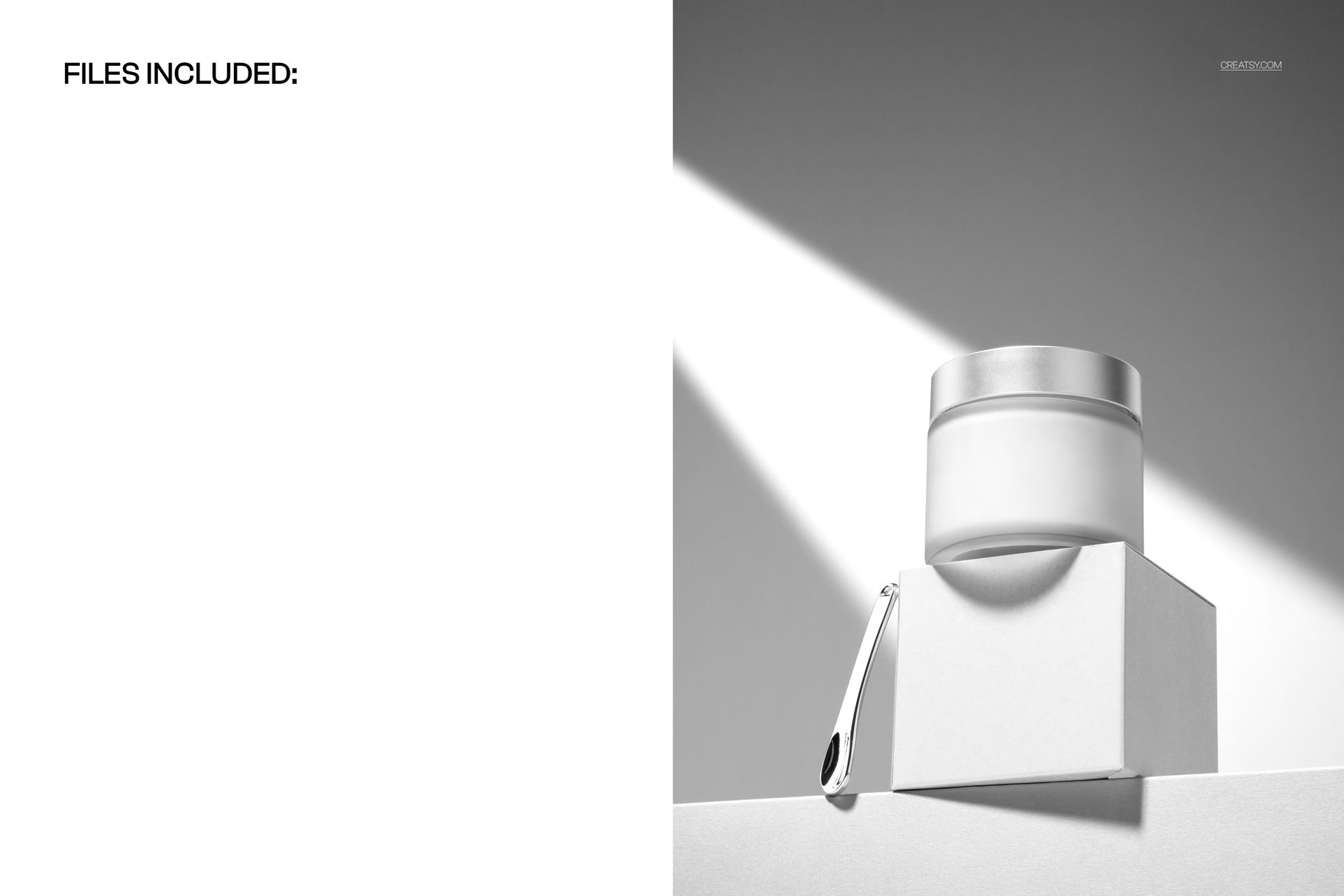 Cream jar mockup with metallic lid and spatula, placed on a white block, illuminated by a diagonal spotlight.