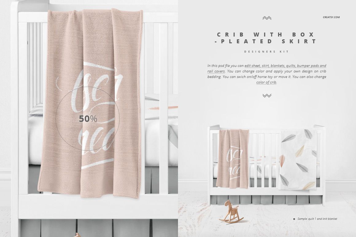 White crib with box pleated skirt, soft pink blanket, and subtle wall decor in a bright, modern nursery mockup.