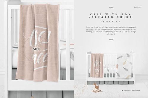 White crib with box pleated skirt, soft pink blanket, and subtle wall decor in a bright, modern nursery mockup.