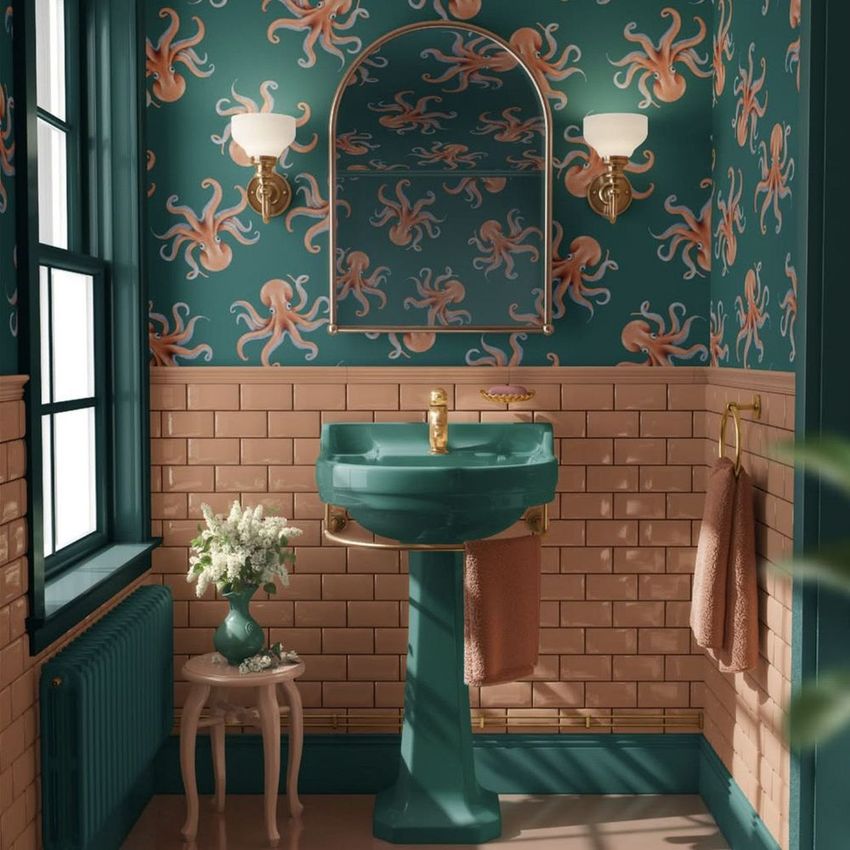 Vintage retro bathroom mockup featuring teal and peach octopus wallpaper, green pedestal sink, and beige subway tiles.