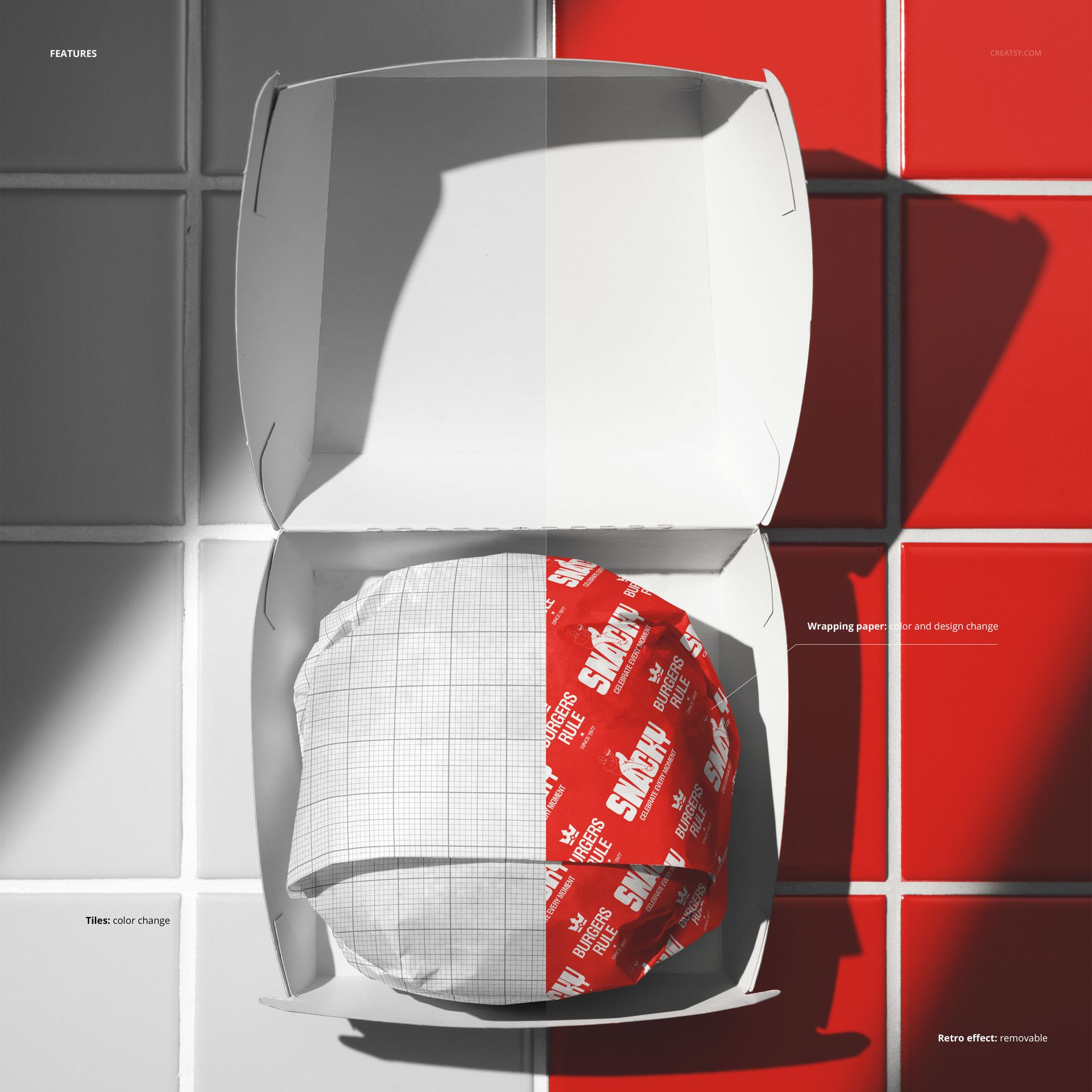 Open burger box mockup with a wrapped burger, shown from above on a grid of red and white ceramic tiles.