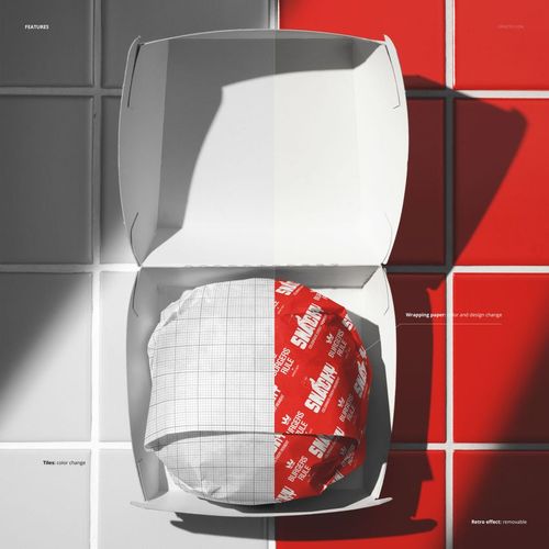 Open burger box mockup with a wrapped burger, shown from above on a grid of red and white ceramic tiles.