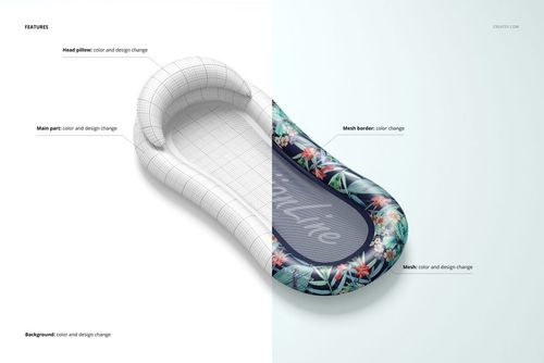 Inflatable pool lounger float mockup shown in a split view, with one half in wireframe and the other half featuring a tropical floral pattern.