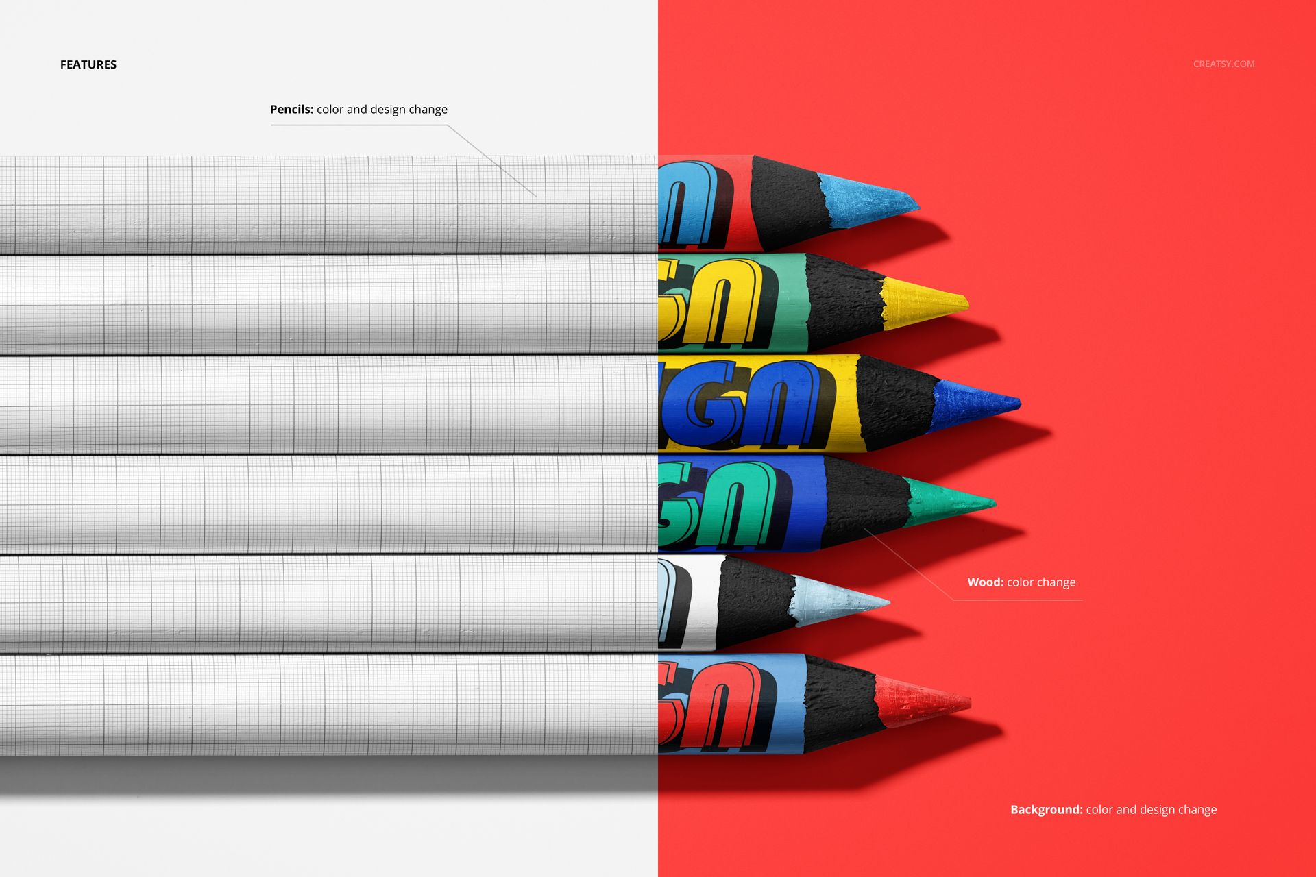 Mockup displaying six colored pencils in blue, green, yellow, and red, placed across contrasting backgrounds.