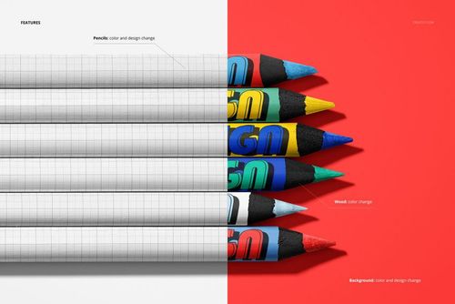 Mockup displaying six colored pencils in blue, green, yellow, and red, placed across contrasting backgrounds.