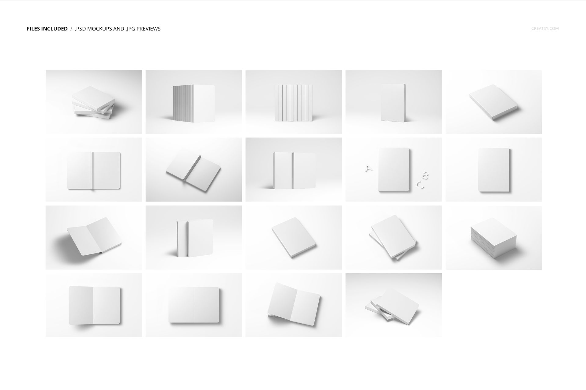 Set of blank board book mockups displayed in various angles and open positions on a white background.