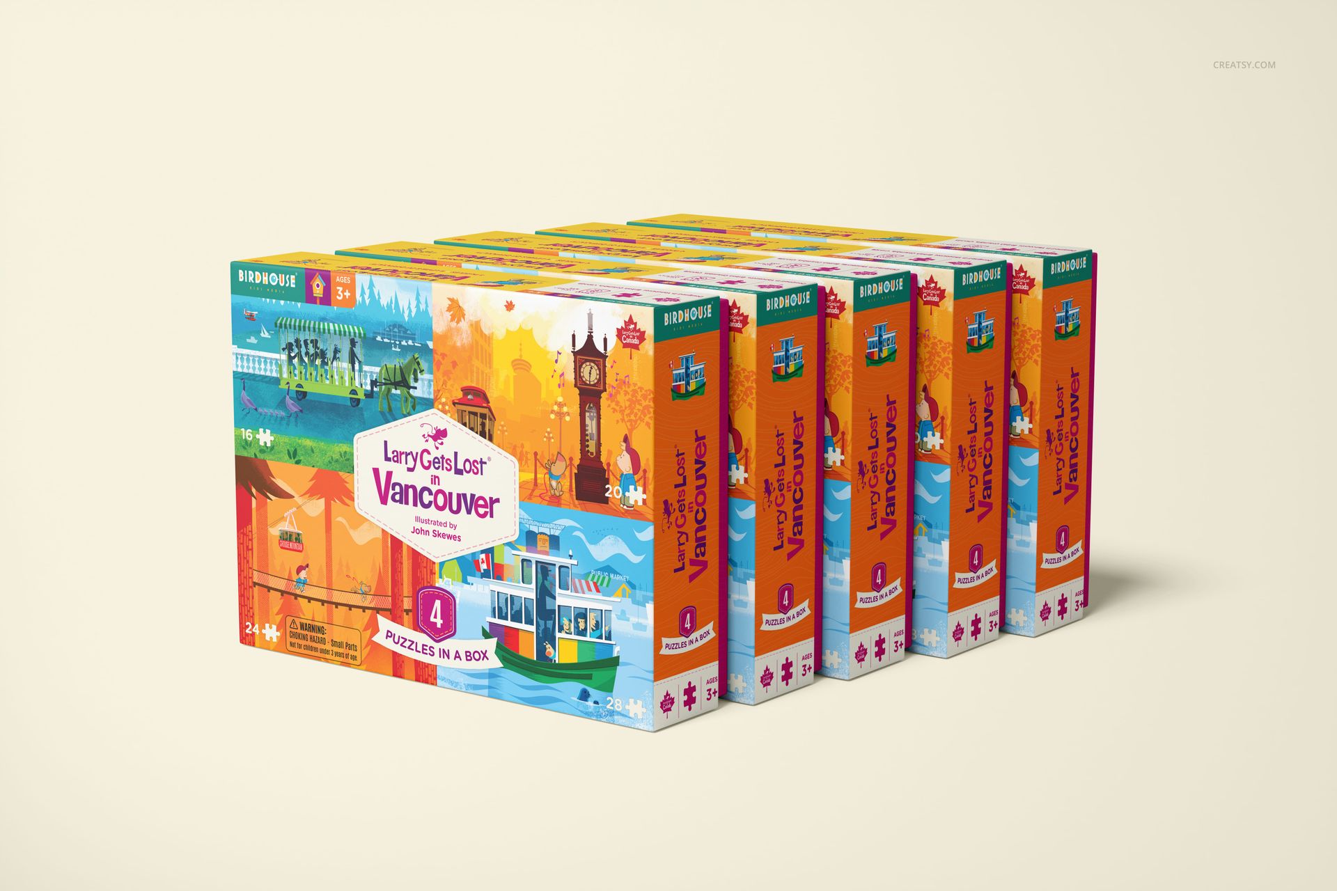 Front view of six colorful puzzle game boxes arranged in a row, featuring illustrated Vancouver city scenes.