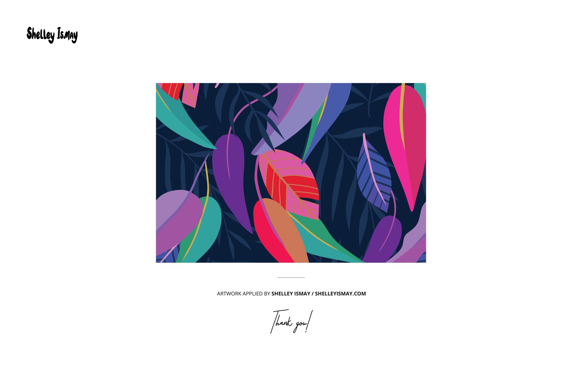 Rectangular mockup design featuring colorful abstract leaves in pink, purple, blue, and green on a dark background.