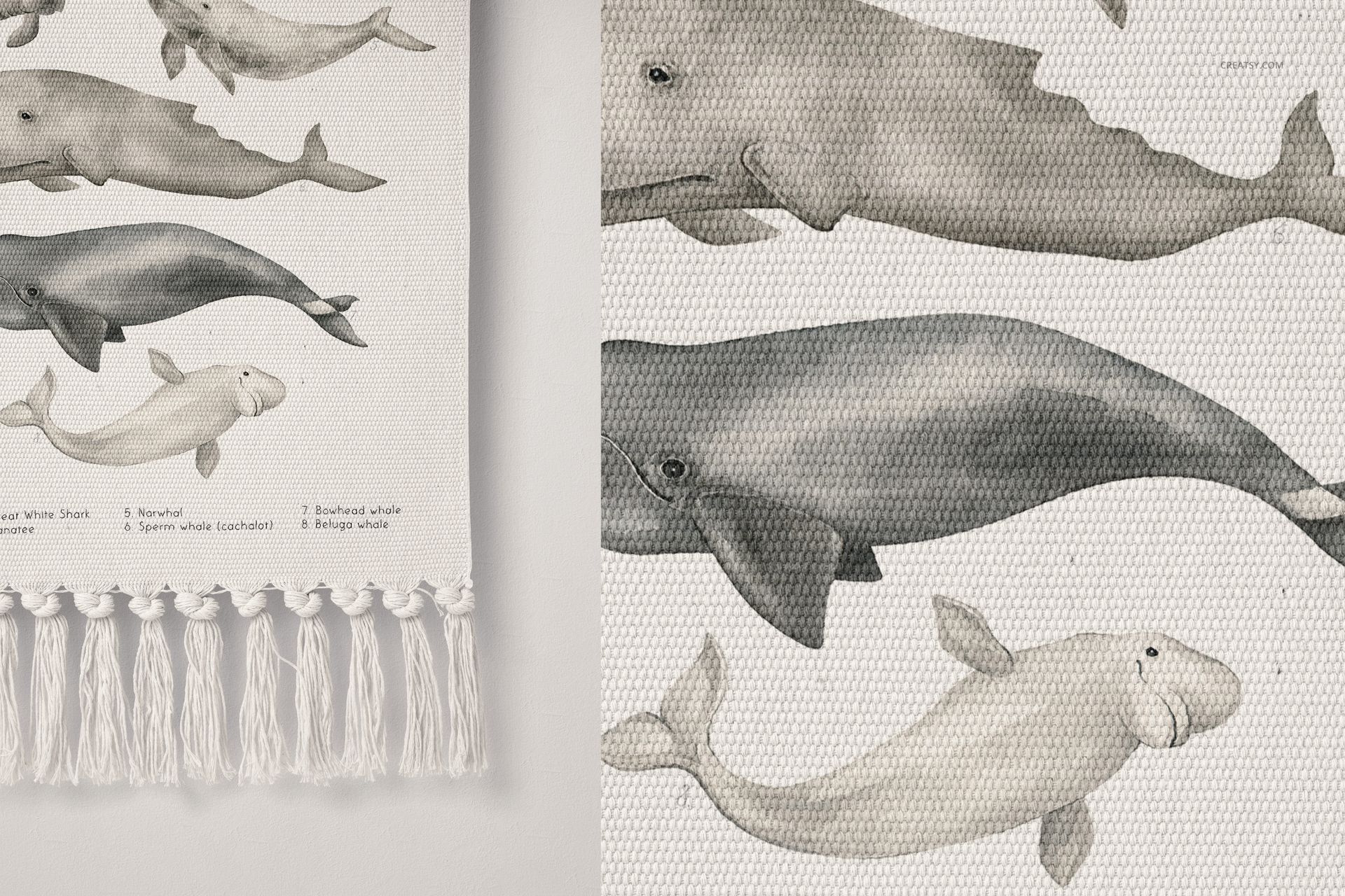 Close-up of a PSD mockup wall banner with gray whale illustrations, textured surface, and decorative fringes at the bottom.
