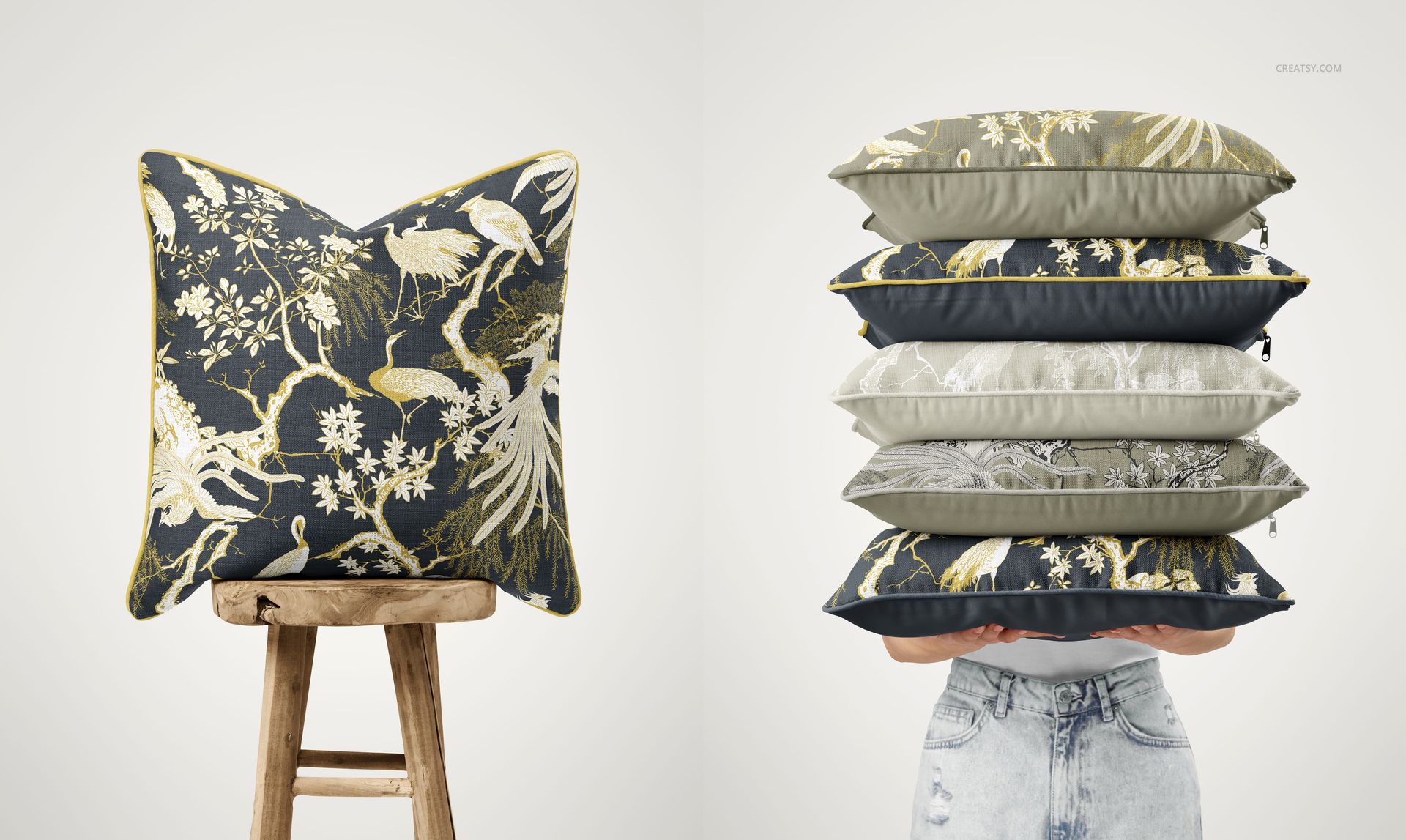 Set of piped cushions featuring a mix of intricate botanical prints and solid colors, displayed from front and side perspectives in a mockup.