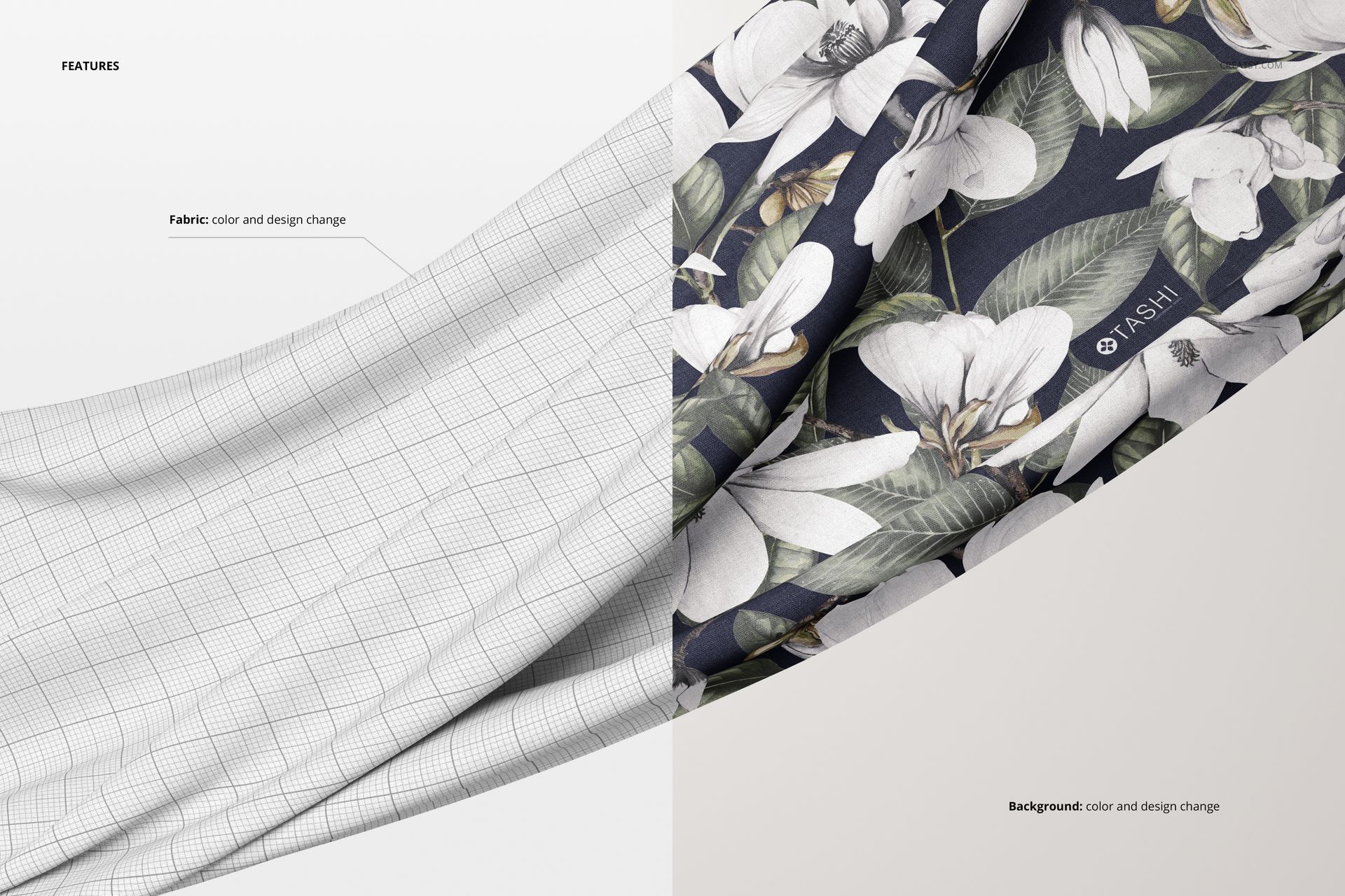 Floating fabric mockup showing a textile piece with one half in a grid pattern and the other half with white floral design on dark background.