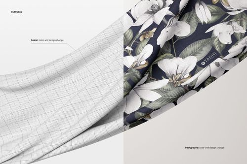 Floating fabric mockup showing a textile piece with one half in a grid pattern and the other half with white floral design on dark background.