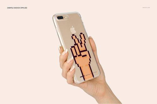 PSD mockup of an iPhone 7 Plus clear case with a pixelated hand graphic, displayed from the rear perspective.