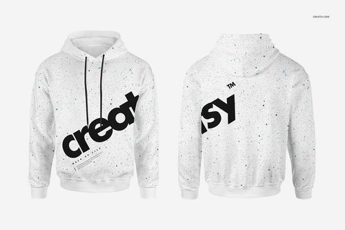 Men's hoodie mockup featuring a front and back view, white fabric with black text and speckled pattern, on plain background.