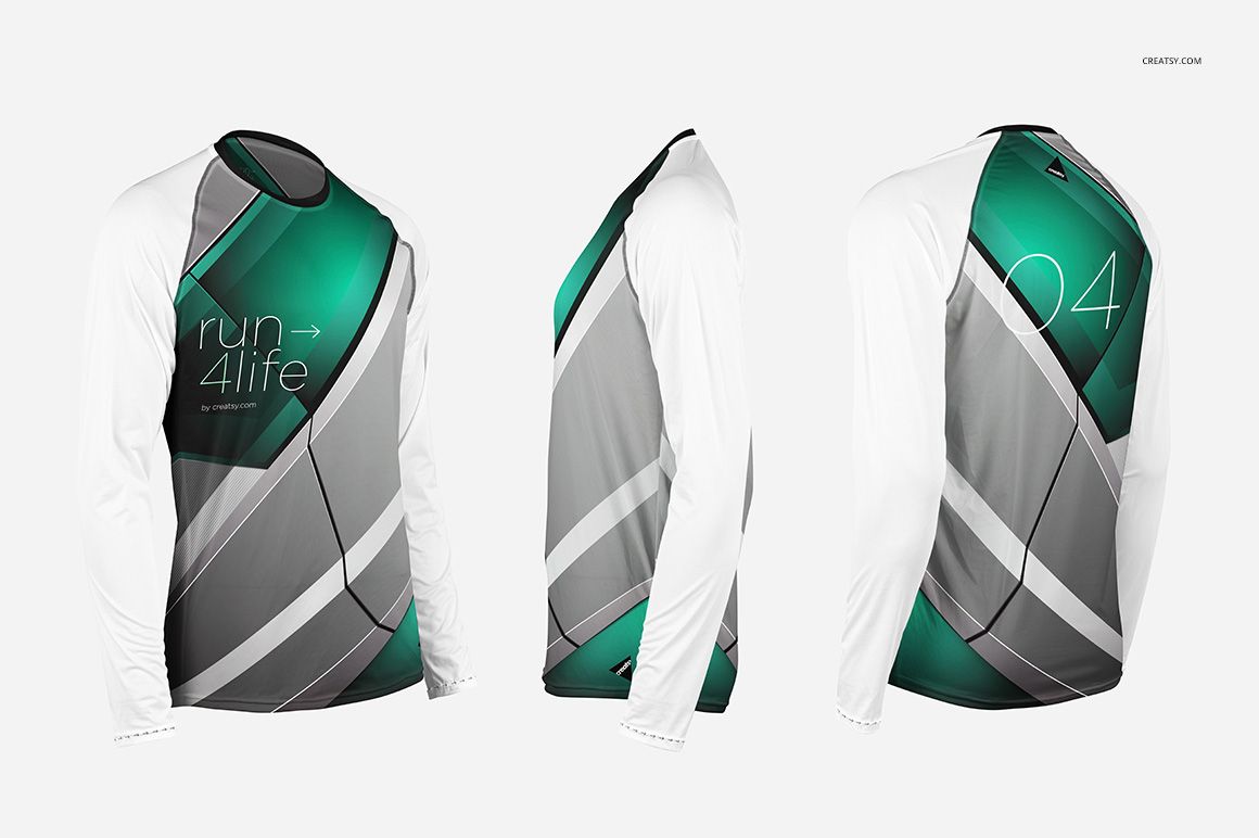 Longsleeve athletic shirt mockup with geometric green and gray pattern, shown from front, side, and back views.