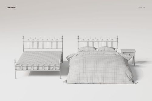 Front view of two vintage headboard beds with grid-patterned bedding and a small nightstand on a plain background.