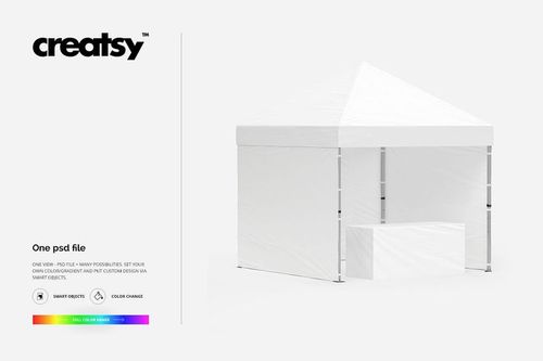 Pop up tent mockup featuring a 10x10 white tent with closed sides and a matching covered table, front perspective.