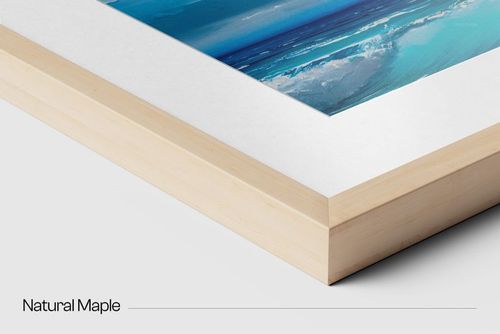 Detailed close-up of a 20 mm solid wooden frame mockup in light maple, featuring a blue abstract wall art.
