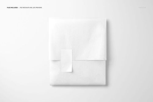 PSD mockup of a square-shaped package wrapped in white tissue paper, featuring a vertical rectangular sticker on top.