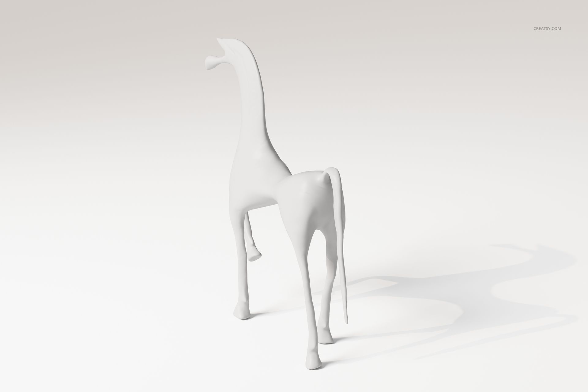 Antique-style horse figurine with elongated neck and raised leg, shown in matte white from a rear side angle.