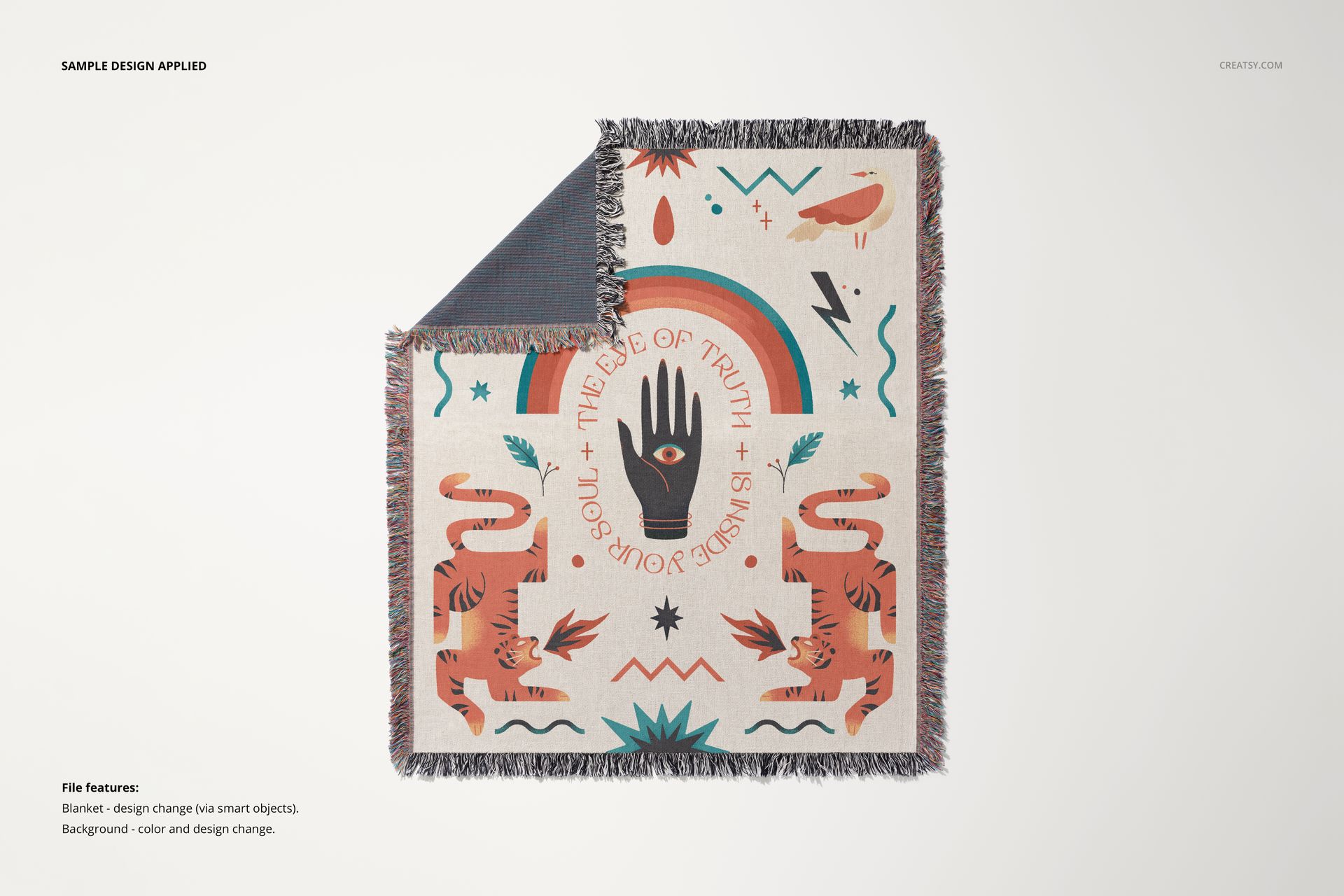 Jacquard fringed blanket mockup featuring hand and tiger illustrations, displayed flat with visible corner fold.