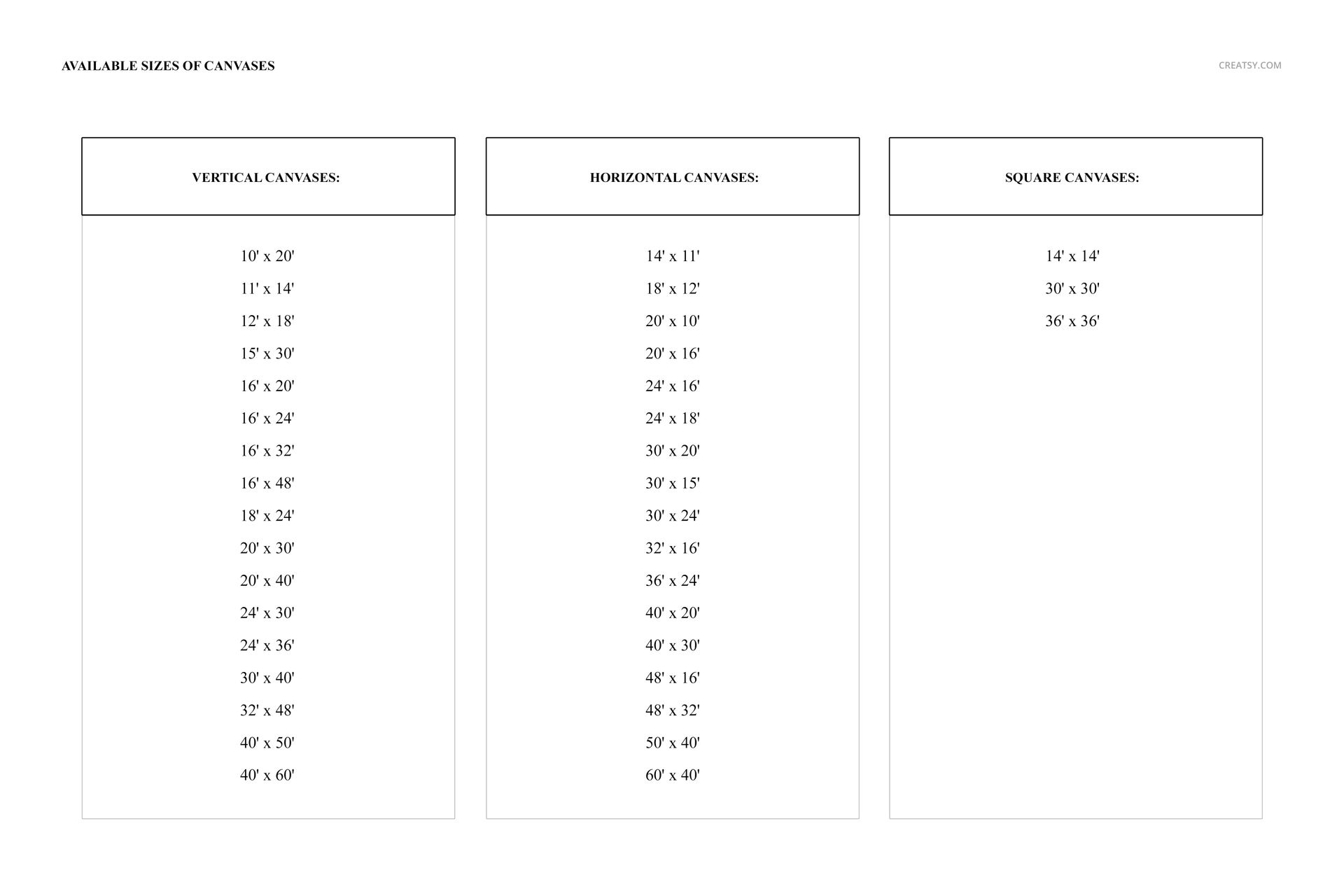 Chart displaying available canvas sizes in three columns for vertical, horizontal, and square formats on a white background.