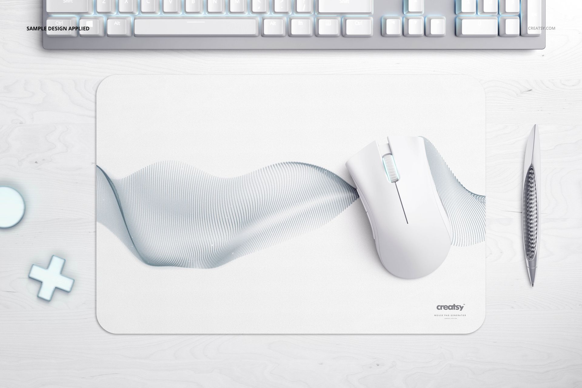 Rectangular gaming mouse pad mockup with rounded corners, featuring a subtle wave pattern, top view on desk.