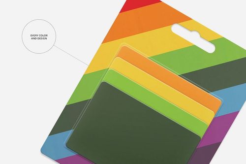 Front view of a gift card pack mockup with four cards in green, yellow, and orange on a striped rainbow background.