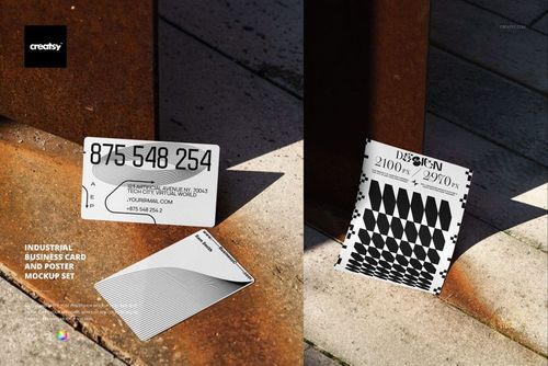 Industrial business card and poster mockup set featuring geometric designs, shown on a concrete surface with rusted metal props.