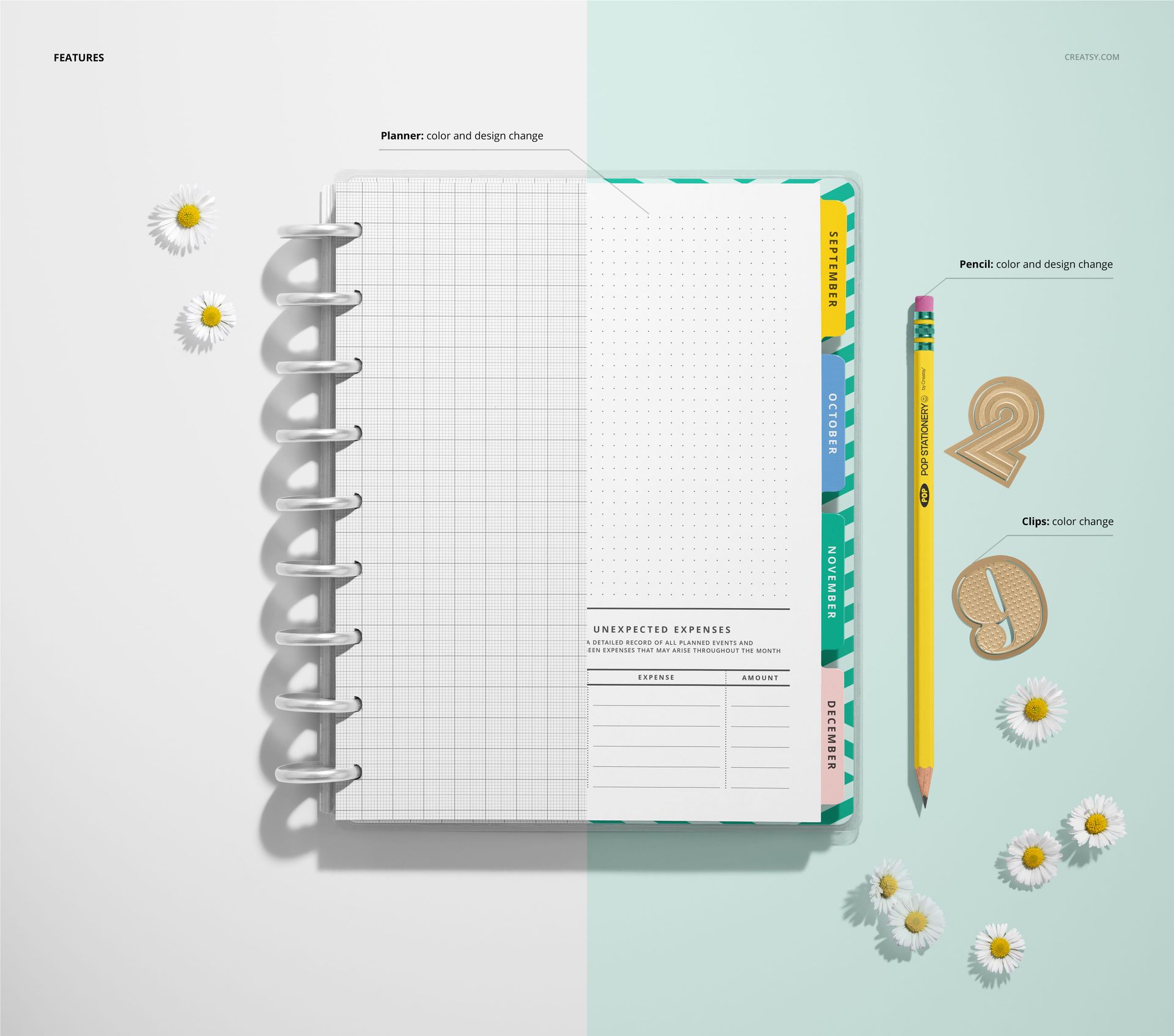 Spiral-bound planner mockup shown open with graph and dot grid pages, dividers, pencil, clips, and daisies.