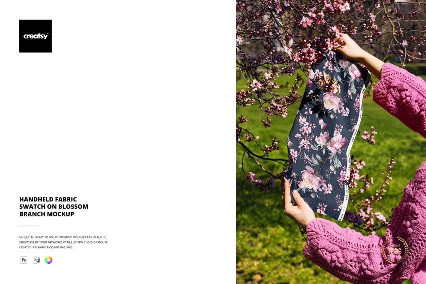 Handheld Fabric Swatch On Blossom Branch Mockup - mockup screenshot 1