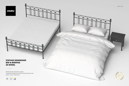 Vintage Headboard Bed & Bedding 3D Model - mockup preview 1