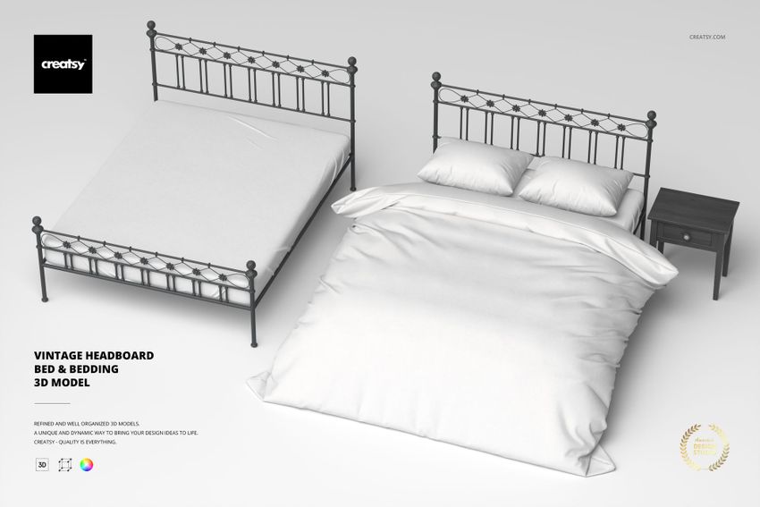 Vintage Headboard Bed & Bedding 3D Model - mockup screenshot 1